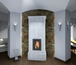 biały piec na tle kamiennej ściany